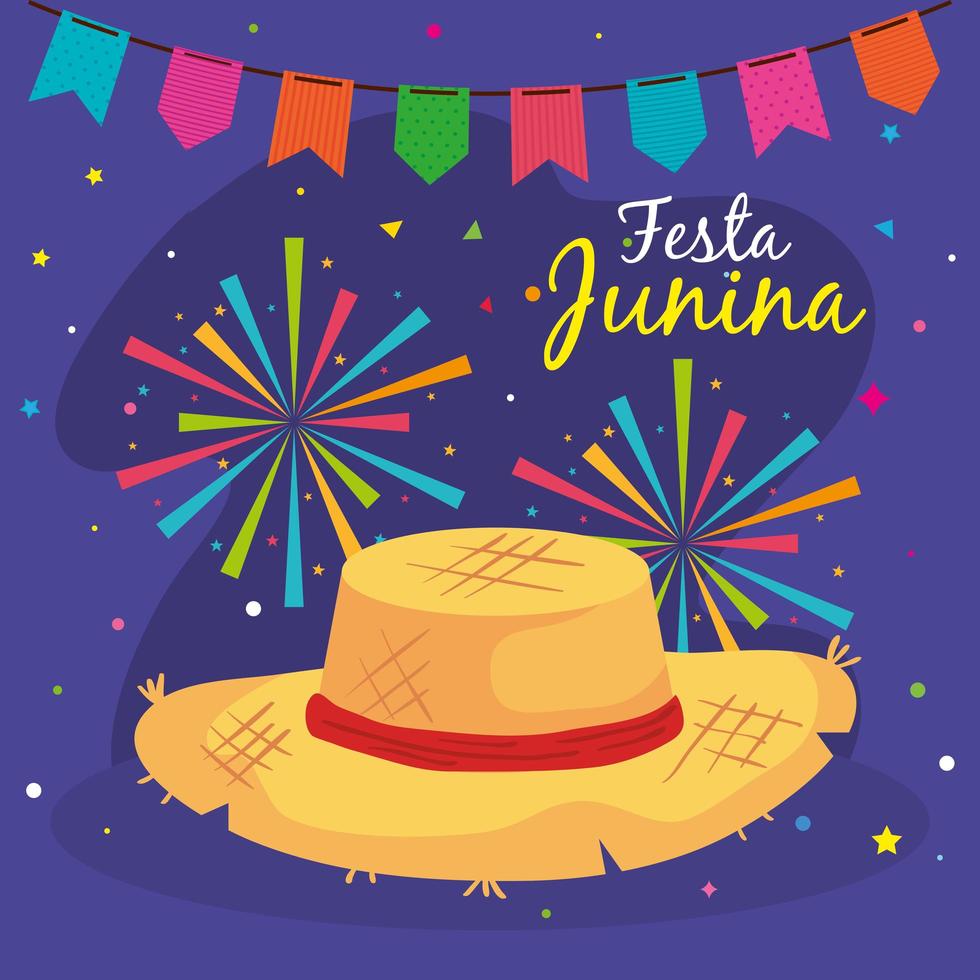 festa junina poster met rieten hoed en decoratie vector