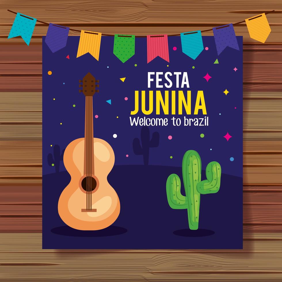 festa junina poster met gitaar en traditionele iconen vector