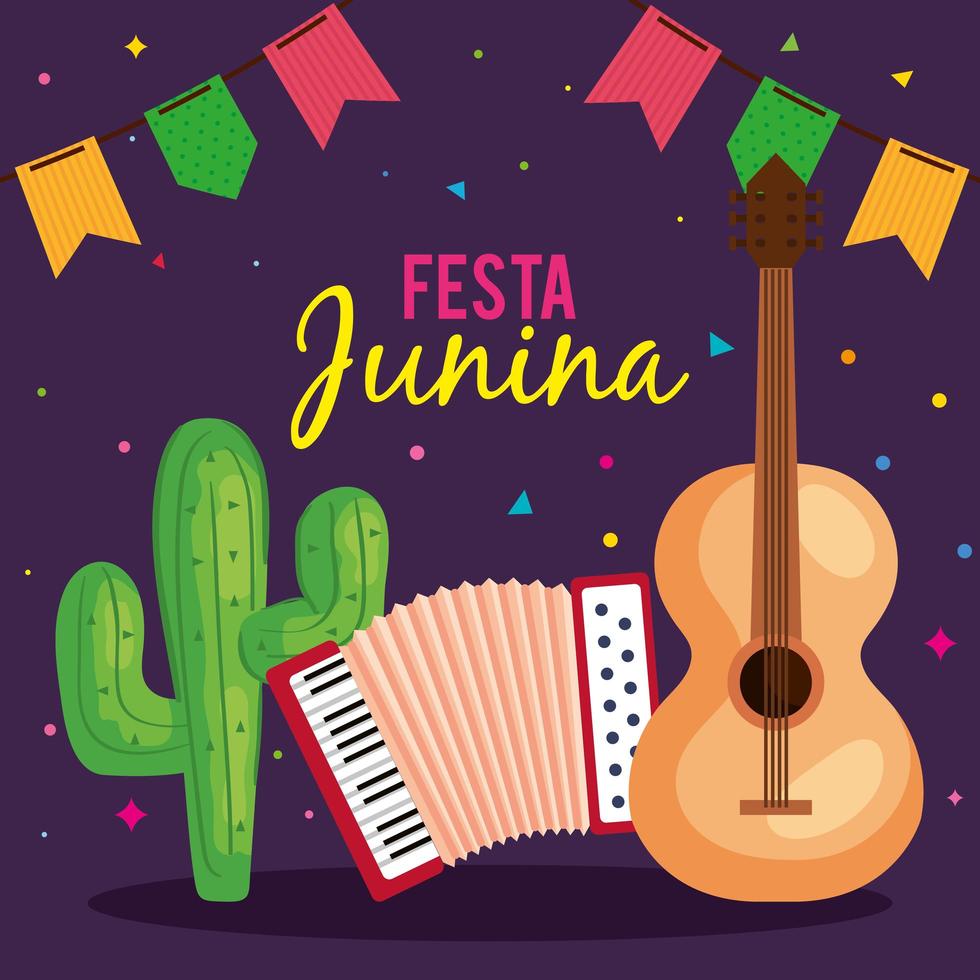 festa junina poster met gitaar en traditionele iconen vector