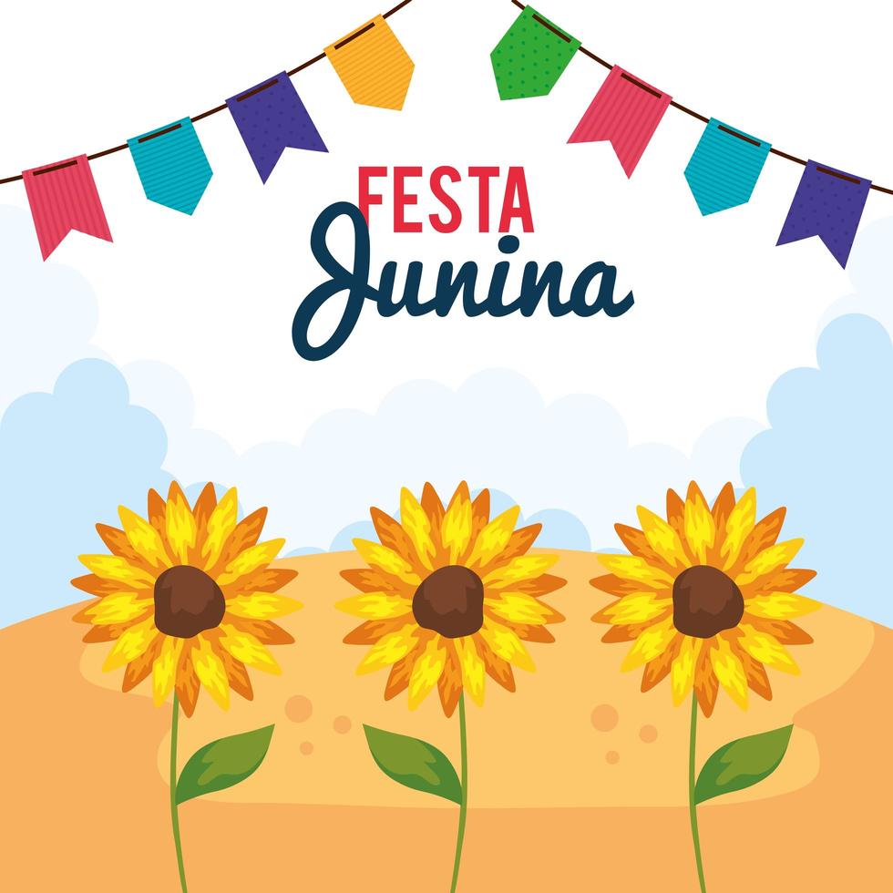festa junina poster met zonnebloemen en decoratie vector