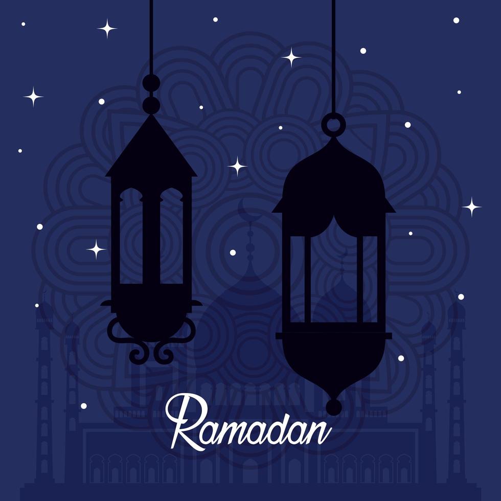 ramadan kareem poster met silhouet van hangende lantaarns vector