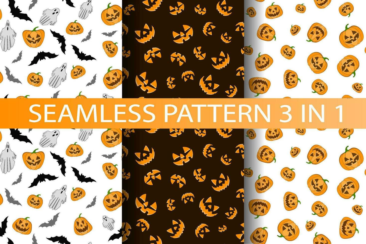 halloween pompoenen naadloos patroon, reeks 3 in 1. vlak oranje pompoenen met gesneden eng glimlachen gezichten. gelukkig halloween boe. pompoenen, geesten, vleermuizen items Aan halloween thema vector