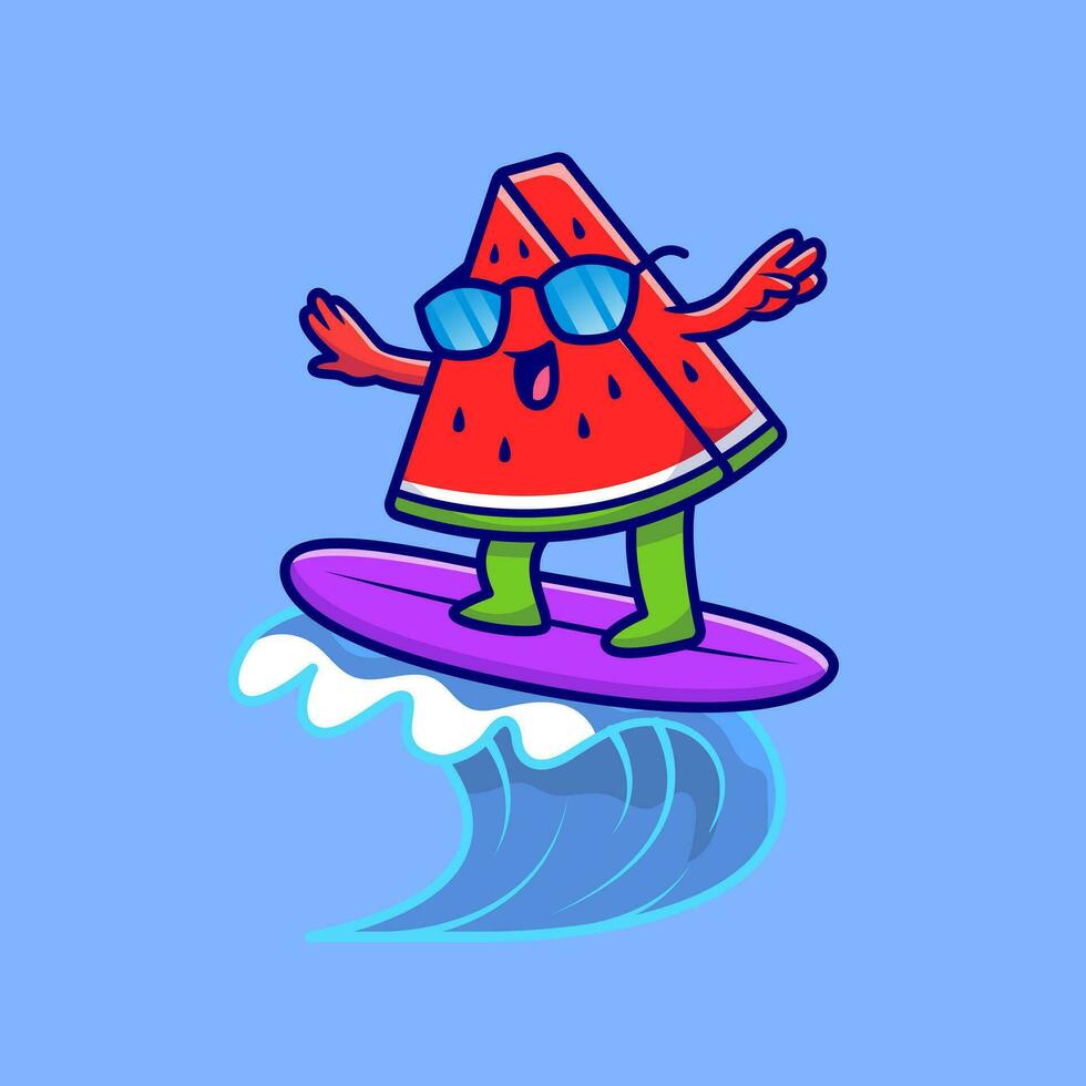 schattig watermeloen surfing in de zee tekenfilm vector icoon illustratie. voedsel vakantie icoon concept geïsoleerd premie vector. vlak tekenfilm stijl