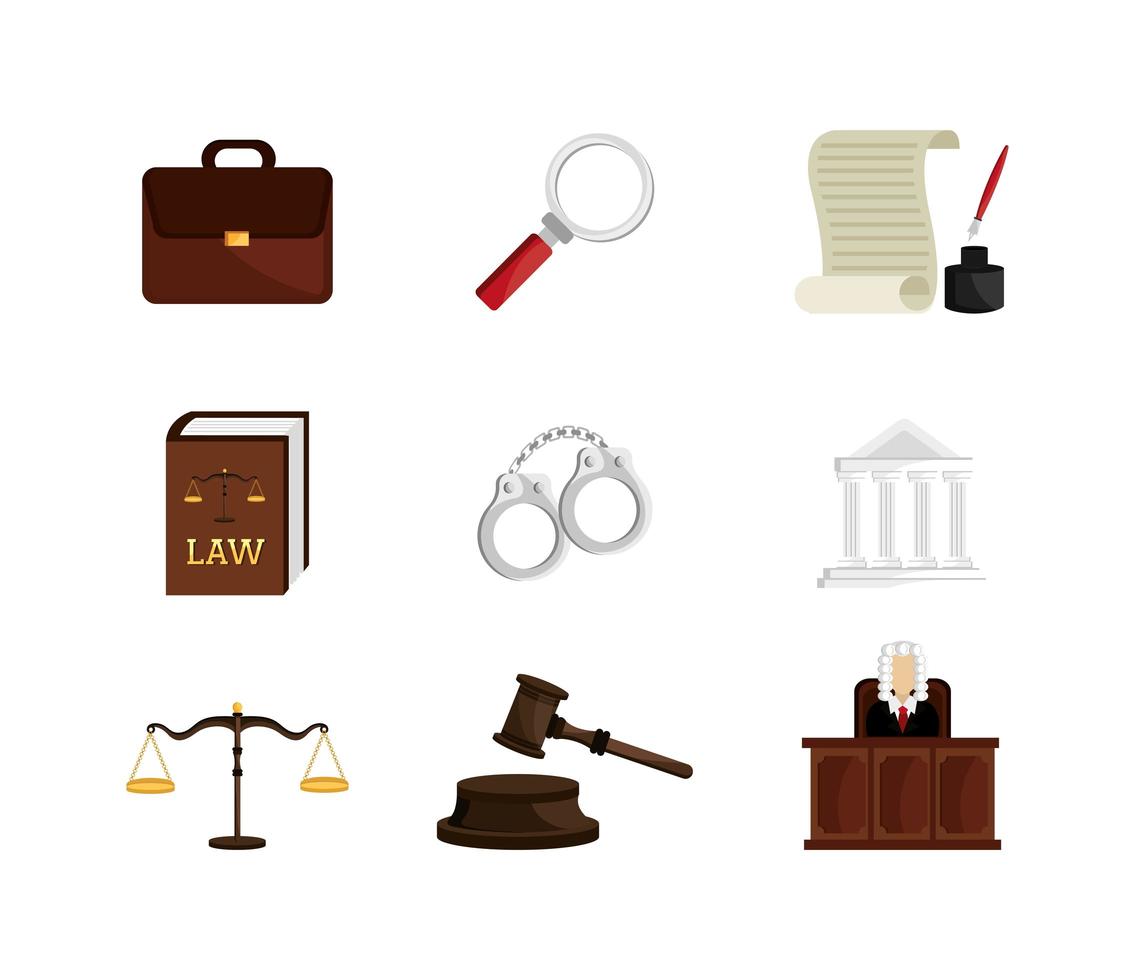 set van juridische wet en rechtvaardigheid pictogrammen vector