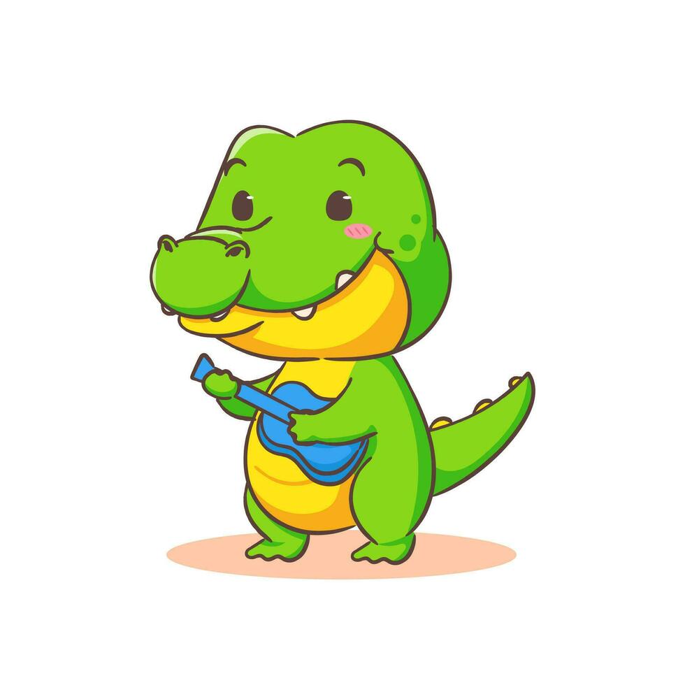 schattig krokodil spelen gitaar tekenfilm karakter Aan wit achtergrond vector illustratie. grappig alligator roofdier groen aanbiddelijk dier concept ontwerp.