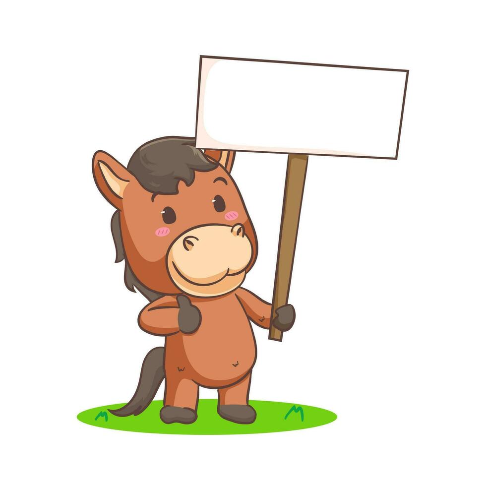 schattig bruin paard tekenfilm Holding leeg bord tonen duim omhoog geïsoleerd wit achtergrond. aanbiddelijk kawaii dier concept ontwerp vector illustratie