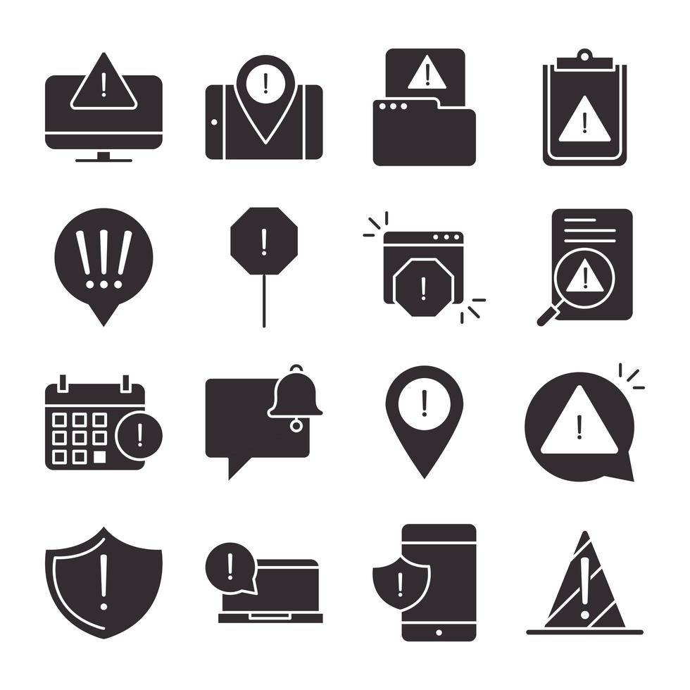 alert aandacht gevaar uitroepteken voorzorg silhouet stijl ontwerp iconen set vector