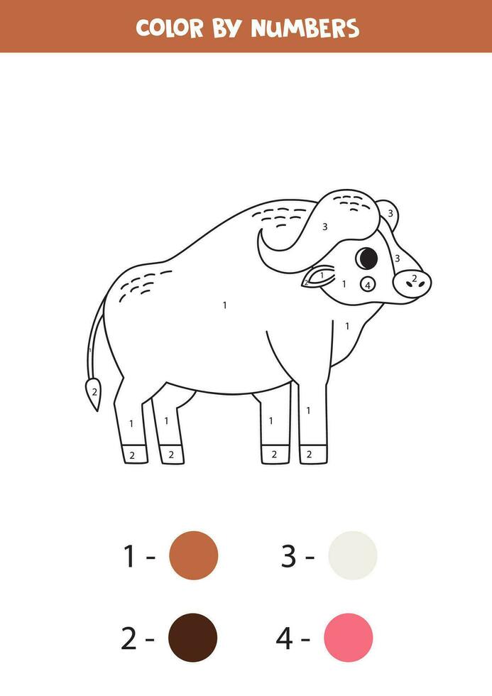 kleur tekenfilm buffel door nummers. werkblad voor kinderen. vector