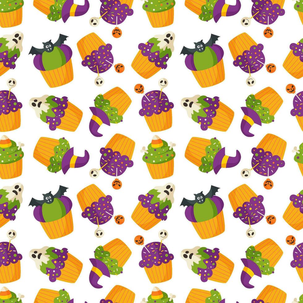 naadloos patroon met schattig halloween muffins of cupcakes. halloween patroon. vector