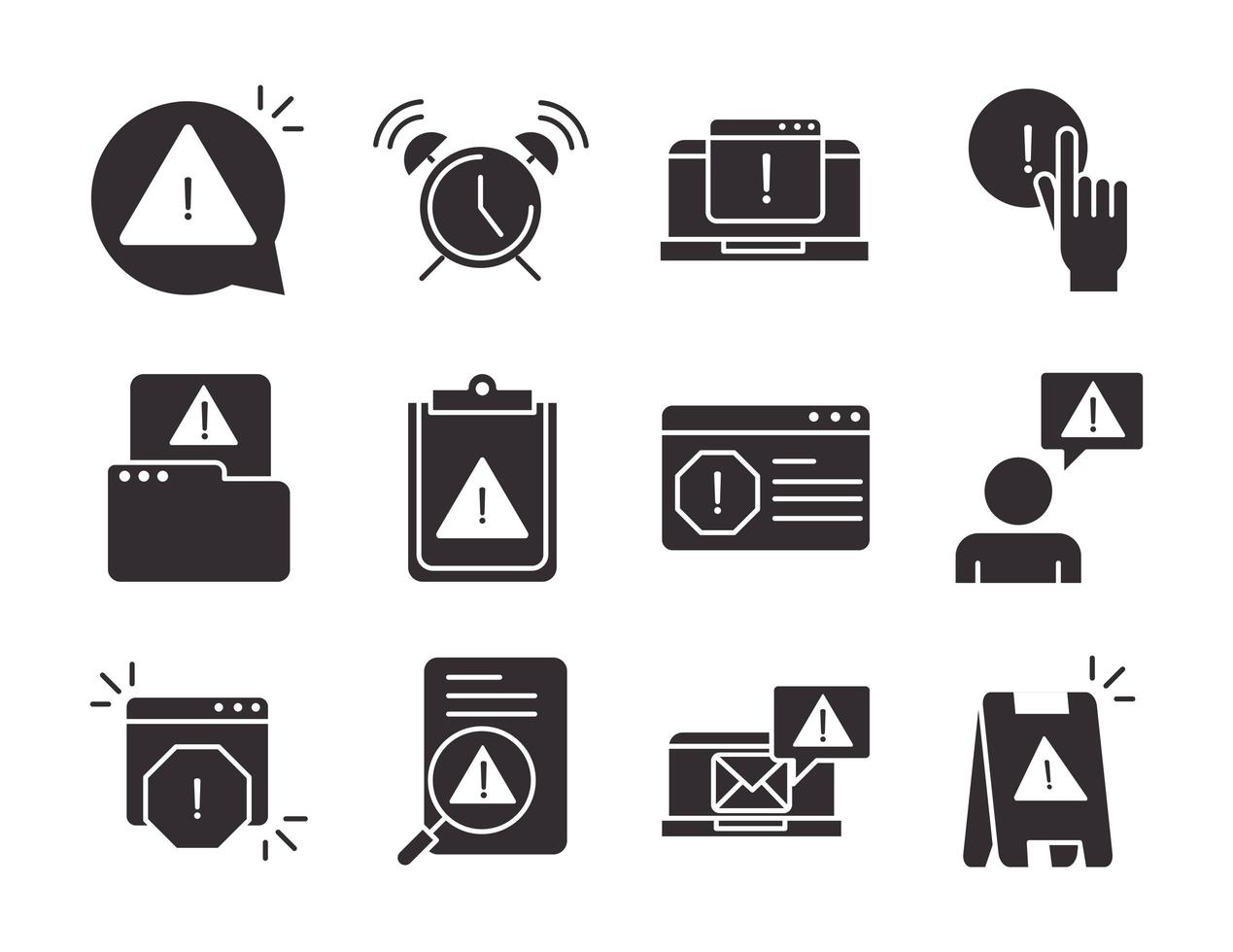 alert aandacht gevaar uitroepteken voorzorg silhouet stijl ontwerp iconen set vector