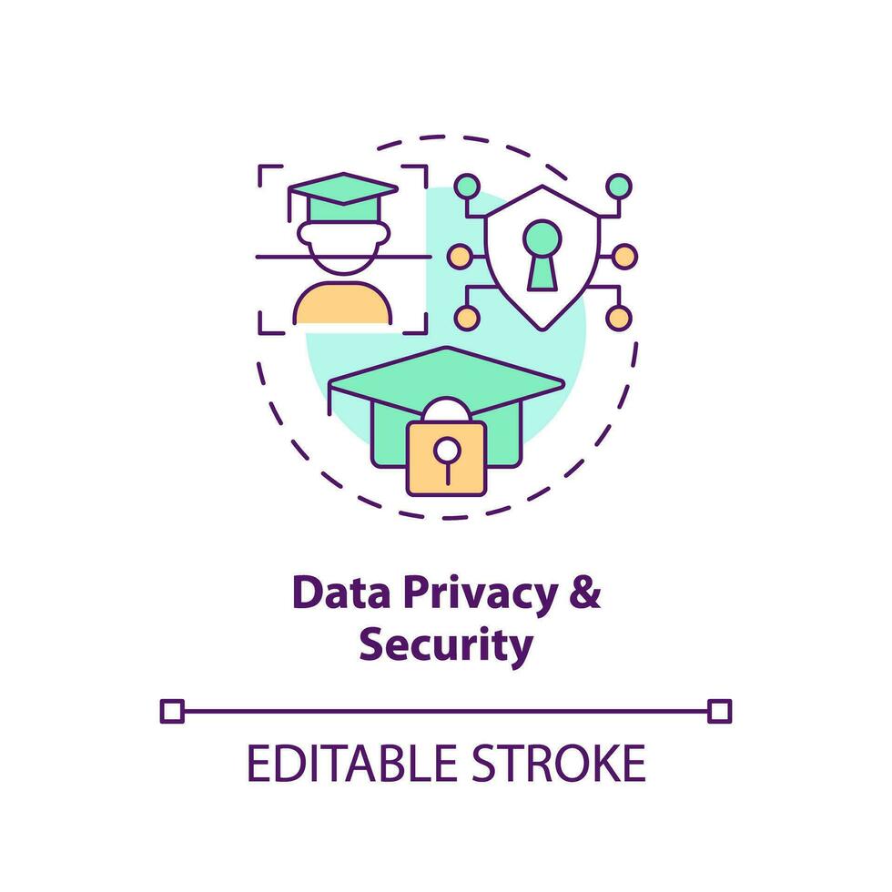 2d veelkleurig icoon vertegenwoordigen gegevens privacy en veiligheid in ai, geïsoleerd vector illustratie, futuristische onderwijs.