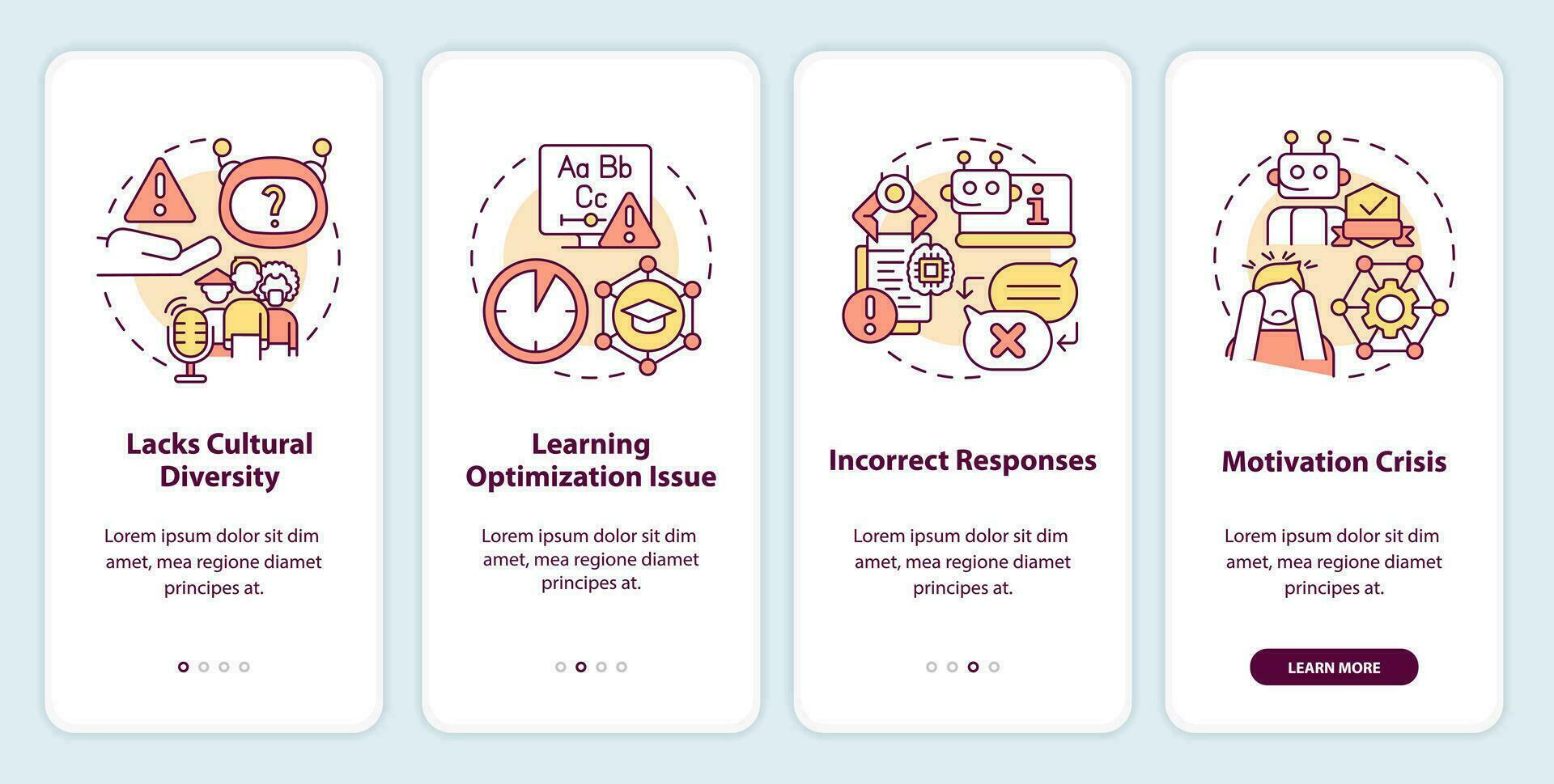 2d veelkleurig pictogrammen vertegenwoordigen nadelen in ai opleiding, grafisch instructies met lineair concepten, app scherm. vector