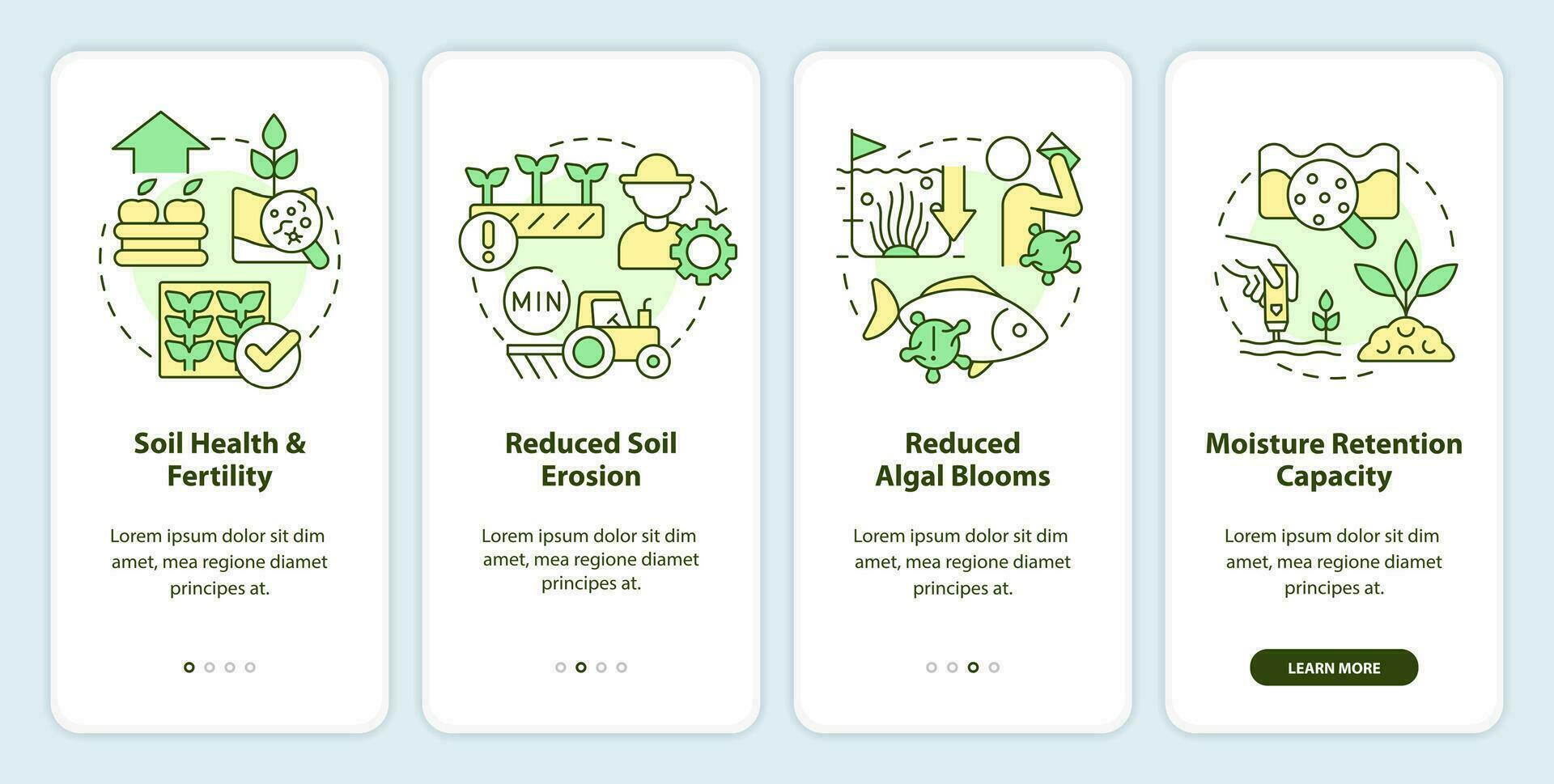 ecologisch voordelen onboarding mobiel app scherm. regeneratief landbouw walkthrough 4 stappen bewerkbare grafisch instructies met lineair concepten. ui, ux, gui sjabloon vector