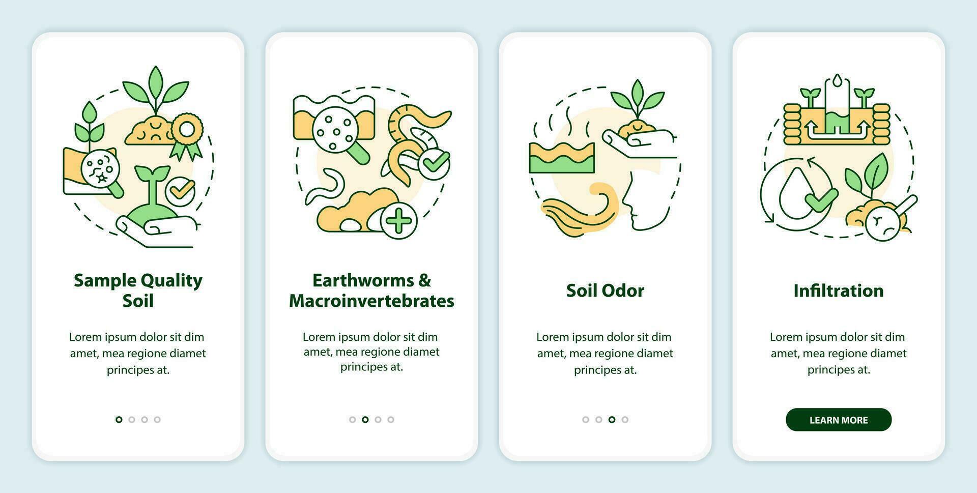 bodem Gezondheid onboarding mobiel app scherm. regeneratief landbouw walkthrough 4 stappen bewerkbare grafisch instructies met lineair concepten. ui, ux, gui sjabloon vector