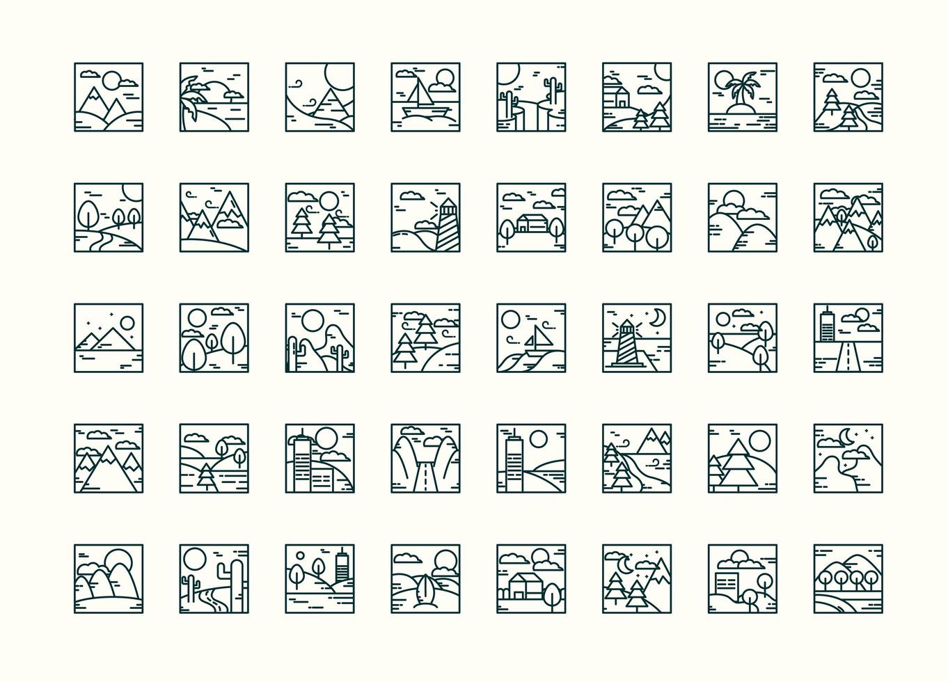 landschappen verschillende scène panorama natuur weer stel pictogrammen lijn pictogramstijl vector