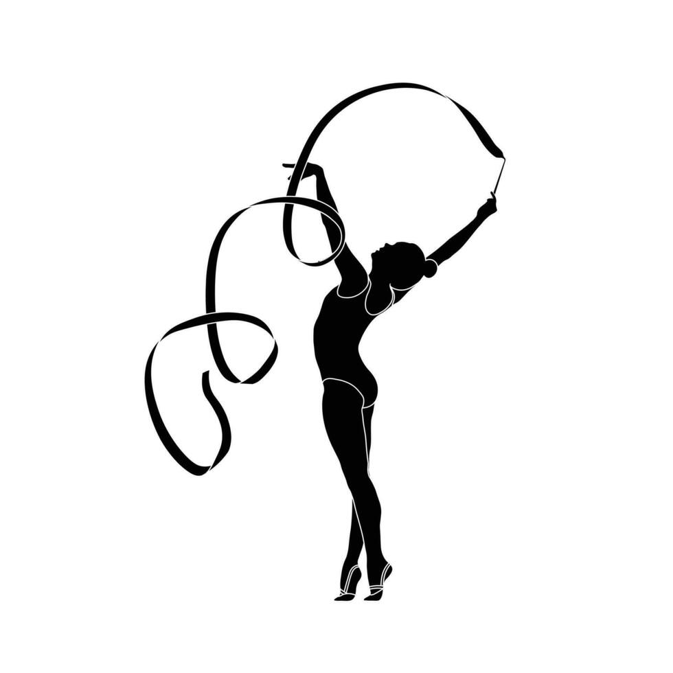 ritmisch gymnastiek met lint vlak Sihouette vector. zwart en wit ritmisch gymnastiek icoon Aan wit achtergrond. vector