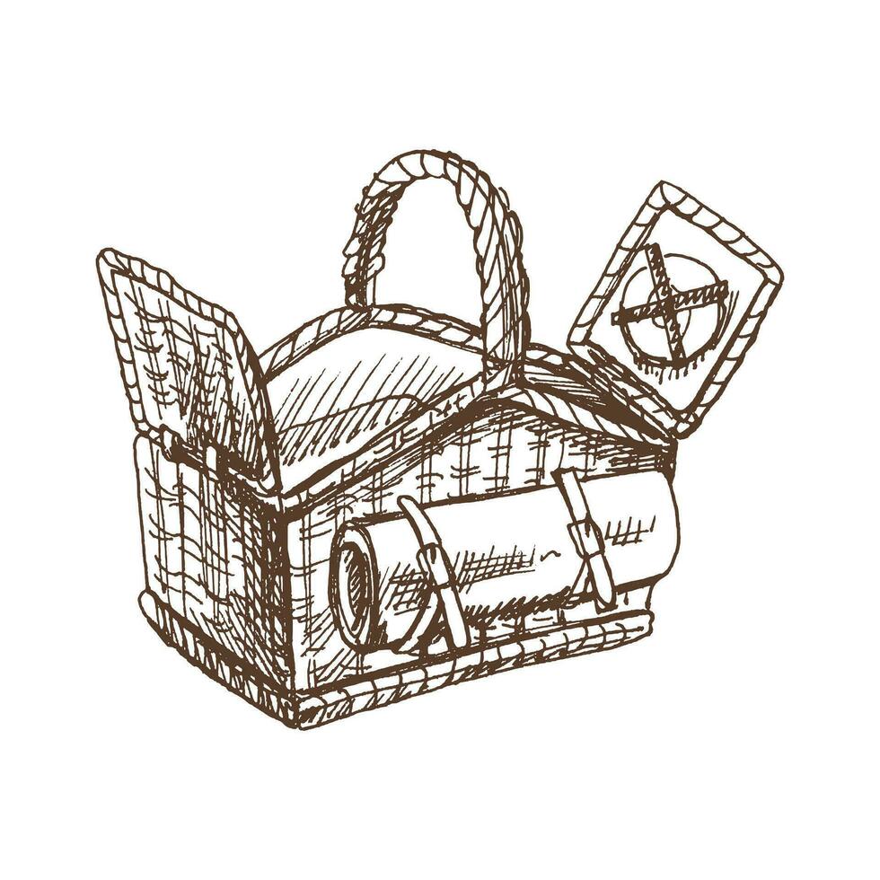hand- getrokken vector schetsen van een rieten picknick mand. tekening wijnoogst illustratie. gegraveerde afbeelding.