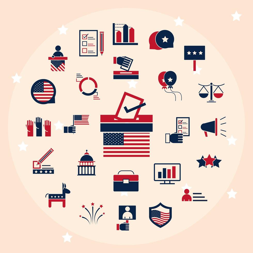 Verenigde Staten verkiezingen politieke verkiezingscampagne viering pictogrammen instellen flat pack vector