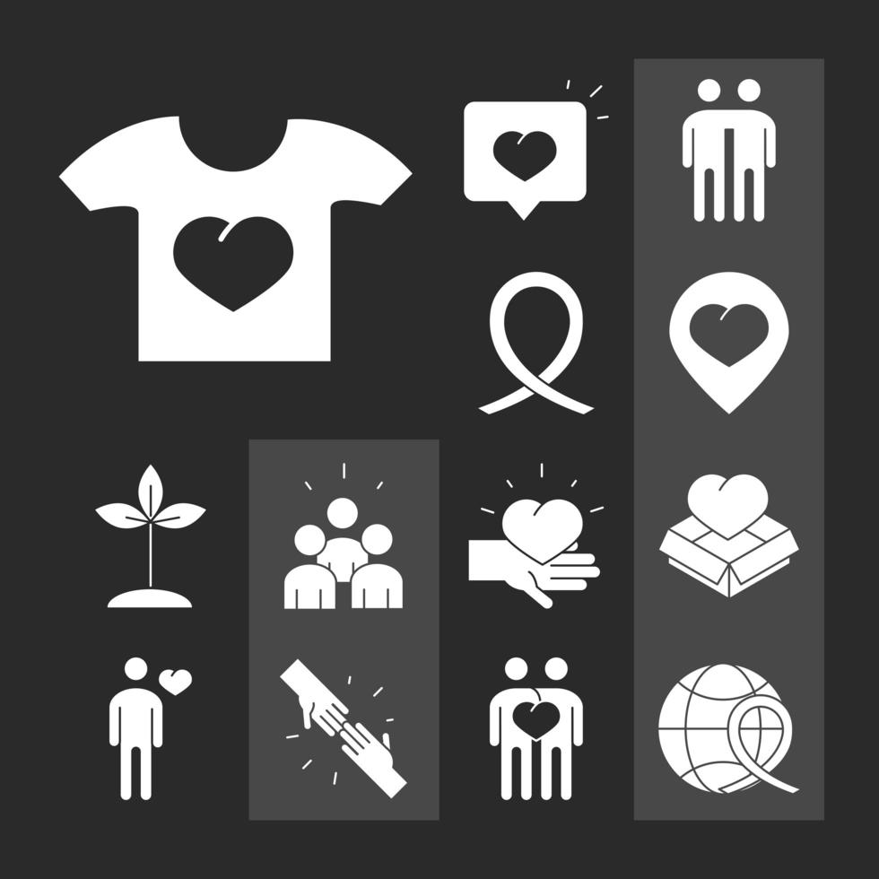gemeenschap steun samen liefdadigheidsdonatie en hou van silhouet iconen set vector