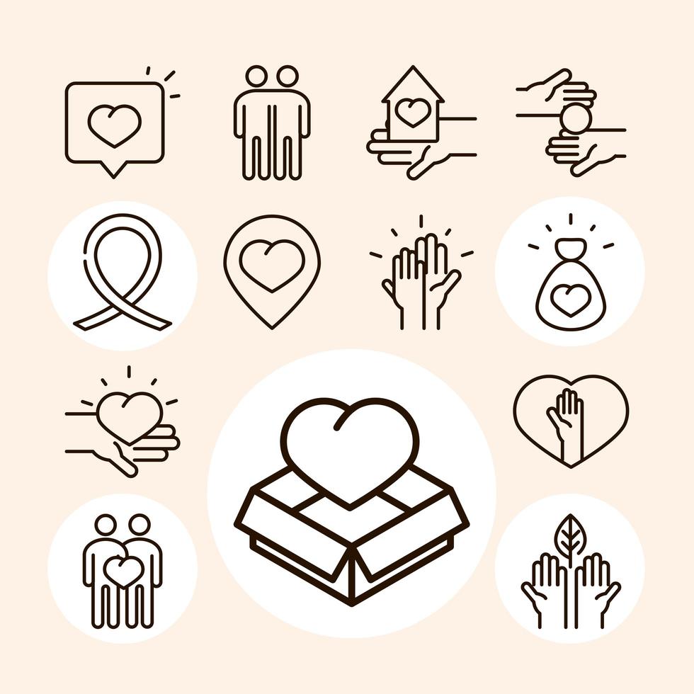 gemeenschap samen liefdadigheid donatie en liefde lijn iconen collectie vector