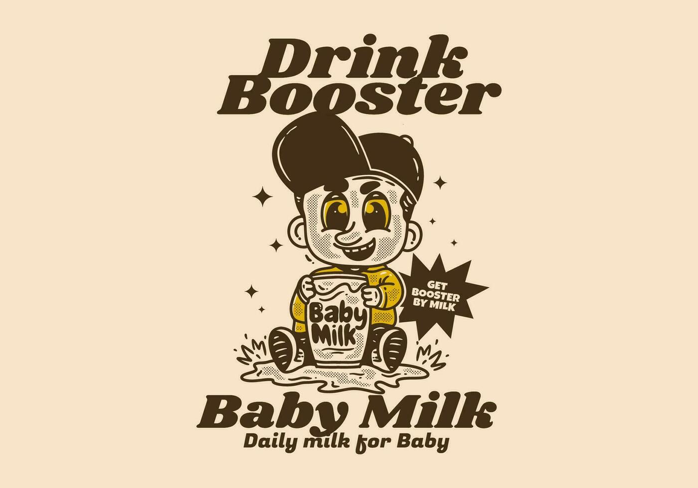 wijnoogst tekening van baby karakter Holding een glas van melk vector
