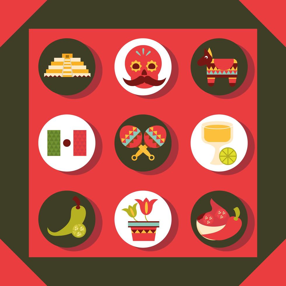 Mexicaanse pictogrammen instellen decoratie viering feestelijk traditioneel plat ontwerp vector