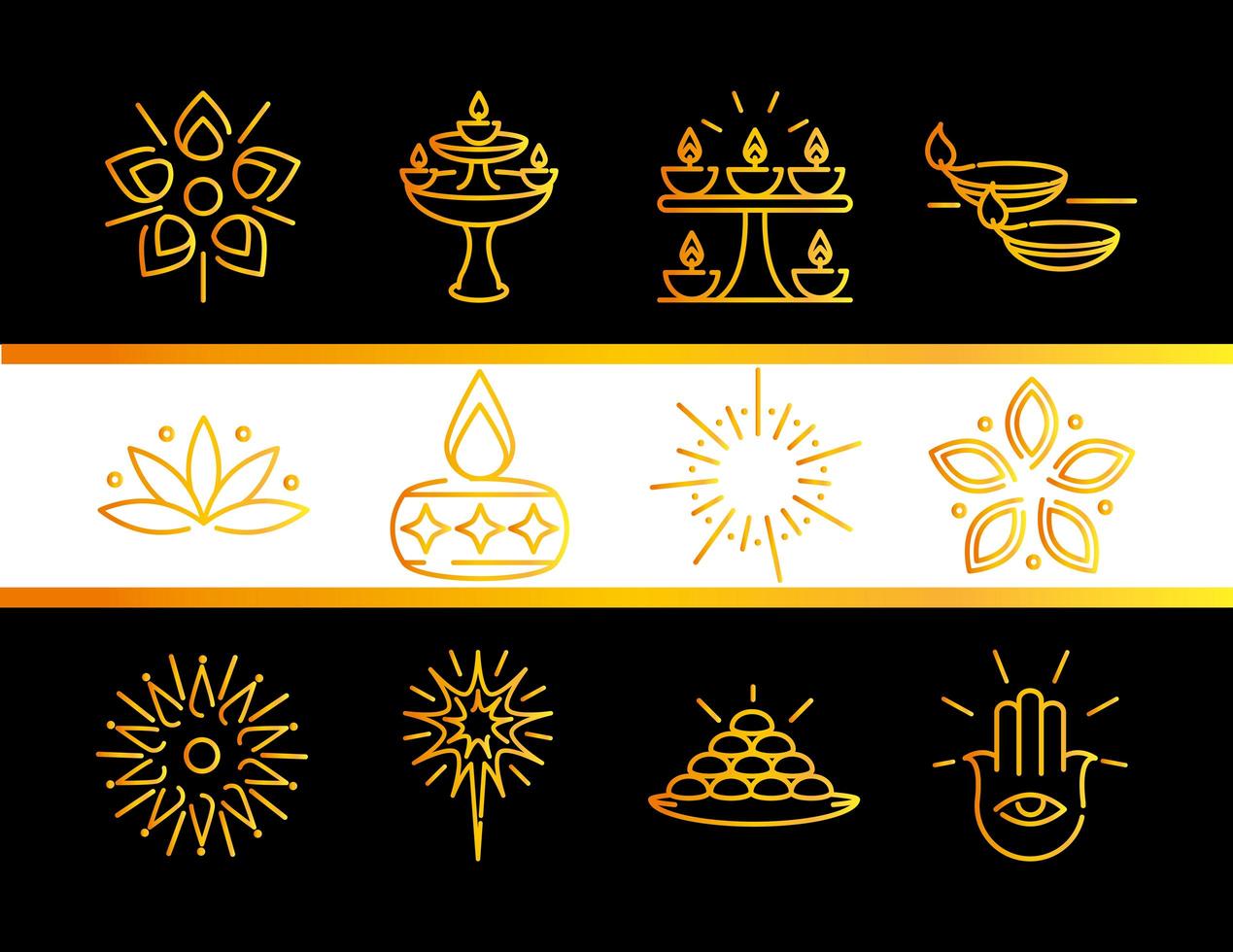 gelukkige diwali india festival deepavali religie gradiënt stijl iconen set vector