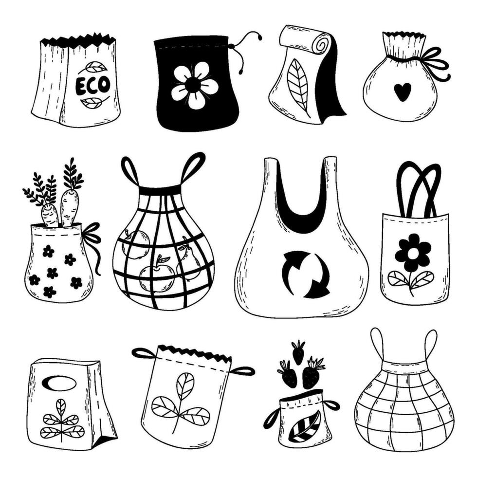 eco Tassen krabbels. verzameling papier kruidenier Tassen, eco vriendelijk, textiel, pakket en netten. vector illustratie. geïsoleerd hand- tekeningen. milieu bescherming.
