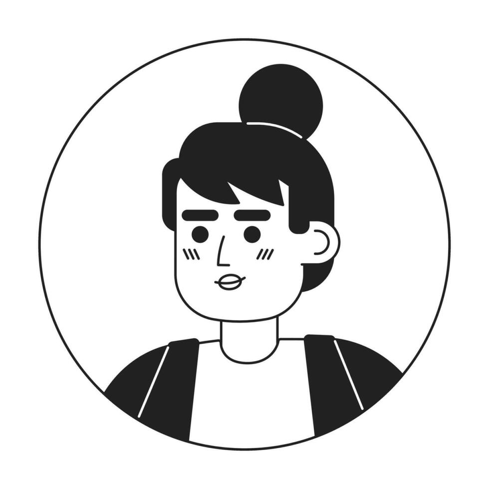 aantrekkelijk vrolijk vrouw monochroom vlak lineair karakter hoofd. dame met bun kapsel en pony. bewerkbare schets menselijk gezicht icoon. 2d tekenfilm plek vector avatar illustratie voor animatie