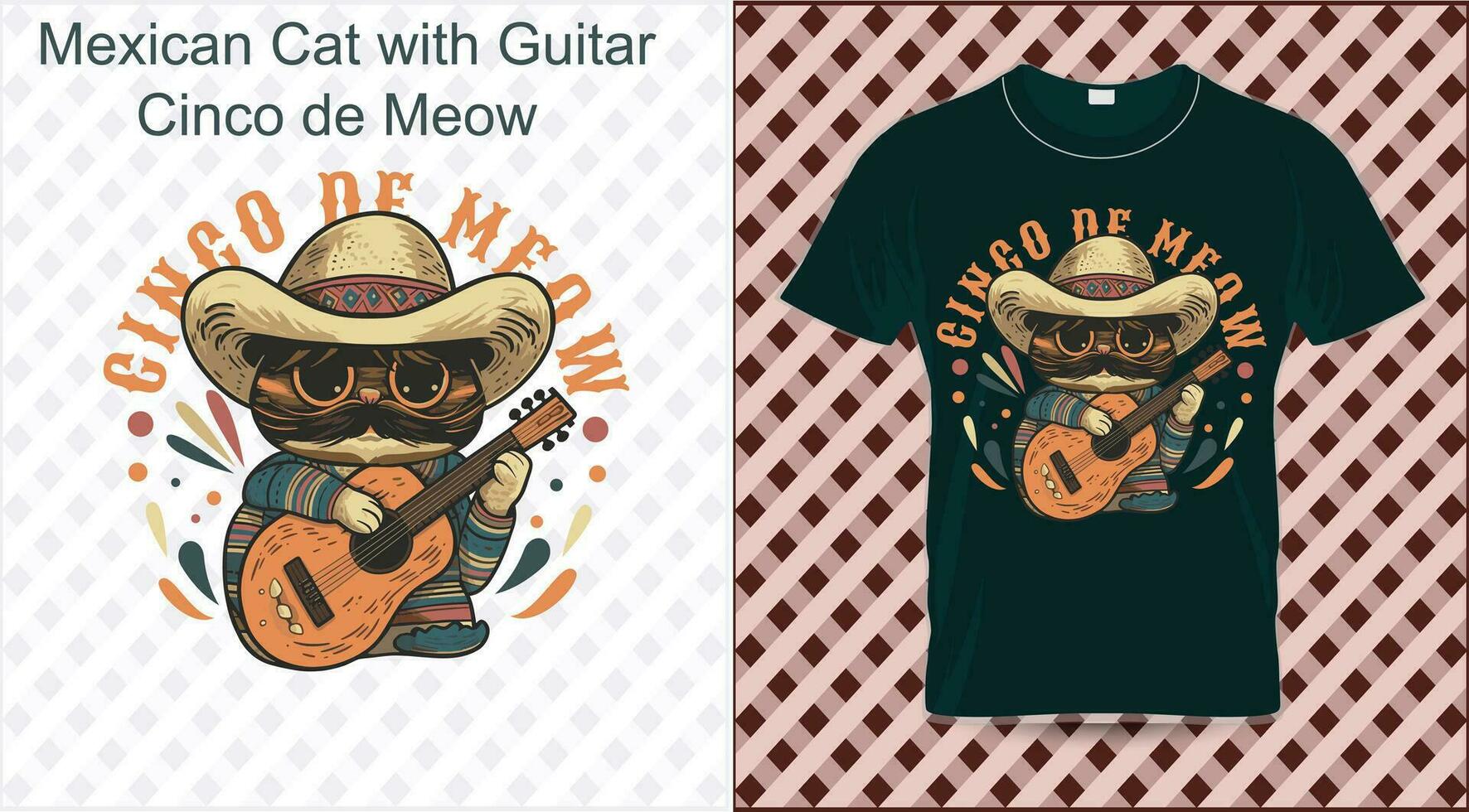 Mexicaans kat met gitaar cinco de mauw cinco de mayo t-shirt vector