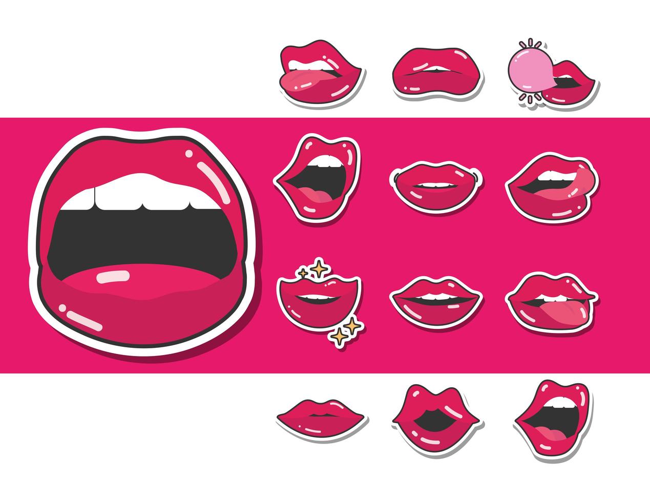 pop-art mond en lippen sexy vrouwelijke collectie lijn en vul icoon vector