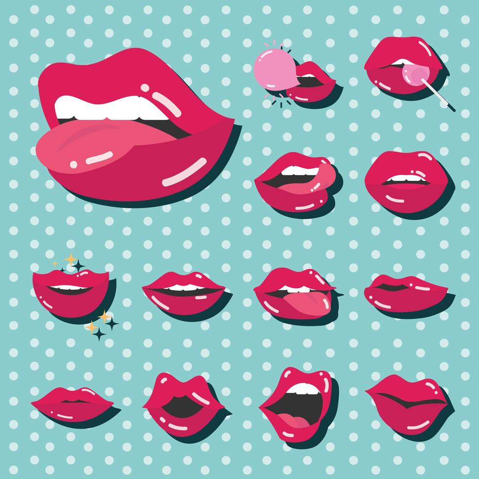 popart mond en lippen sexy verschillende expressie set plat pictogram ontwerp vector