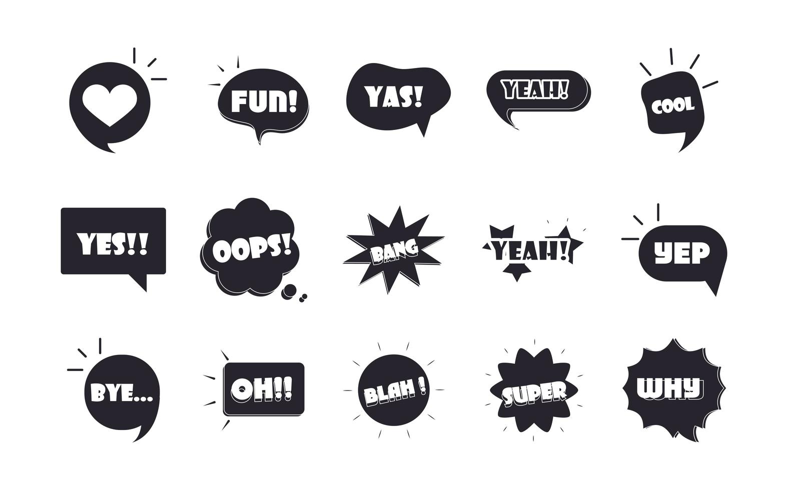 slang bubbels verschillende woorden en zinnen in veelkleurige cartoon cool sorry omg plat pictogrammen set vector