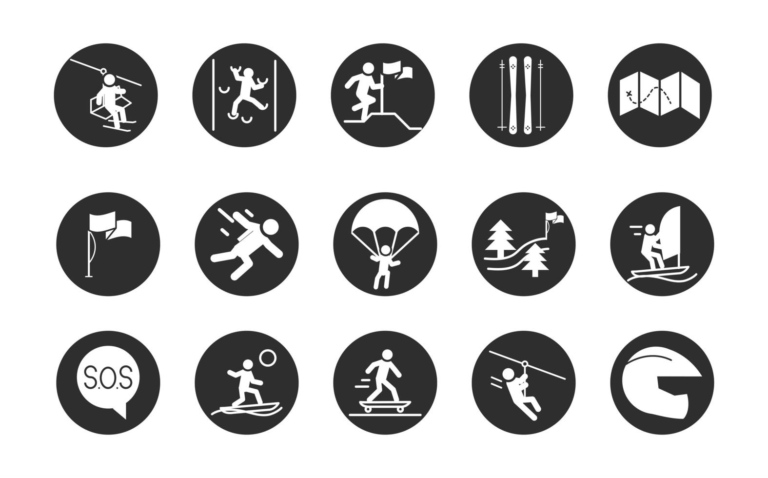 extreme sport actieve levensstijl surfen skate kajakken motorcross blok en plat pictogrammen set vector