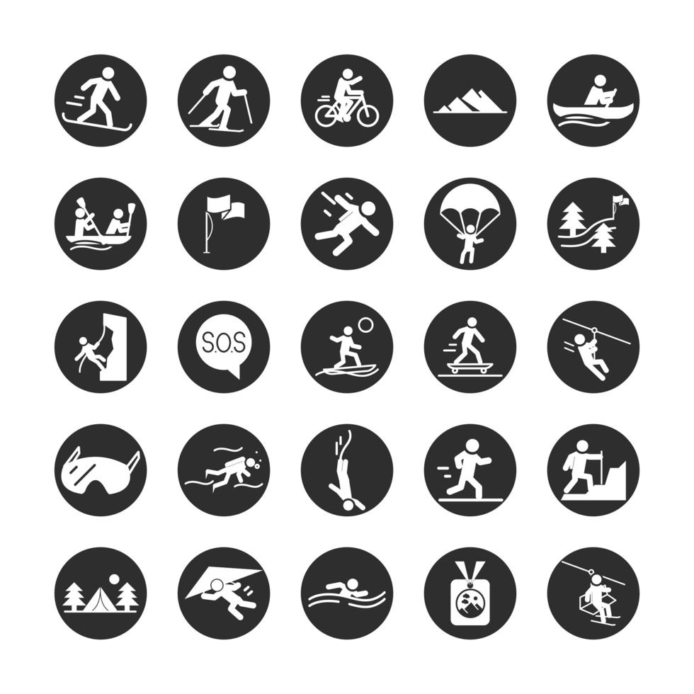 extreme sport actieve levensstijl snowboarden ski motorcross duiken zwemmen freediving blok en plat pictogrammen set vector