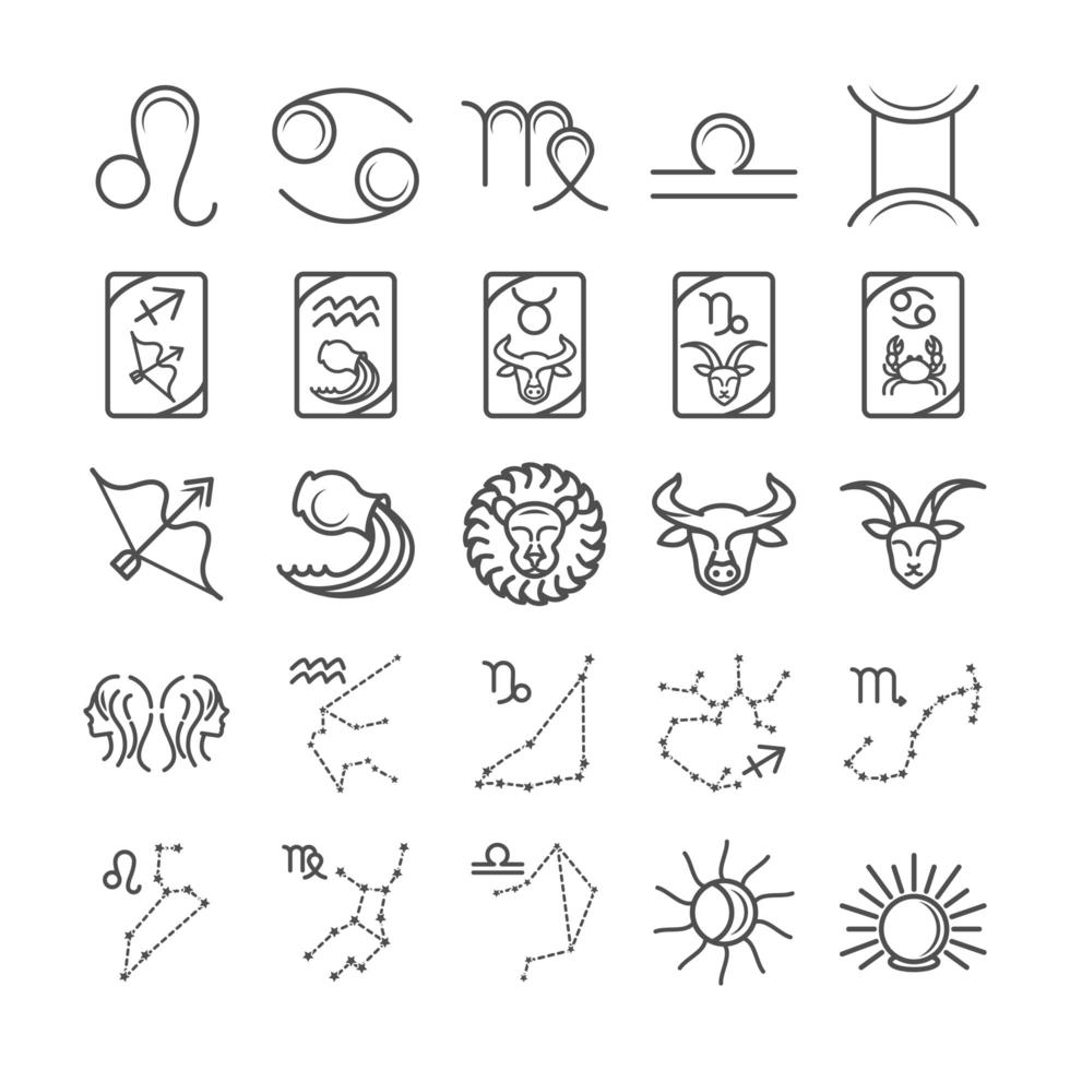 dierenriem astrologie horoscoop kalender sterrenbeeld Leeuw kanker Maagd Weegschaal Tweelingen pictogrammen collectie lijnstijl vector