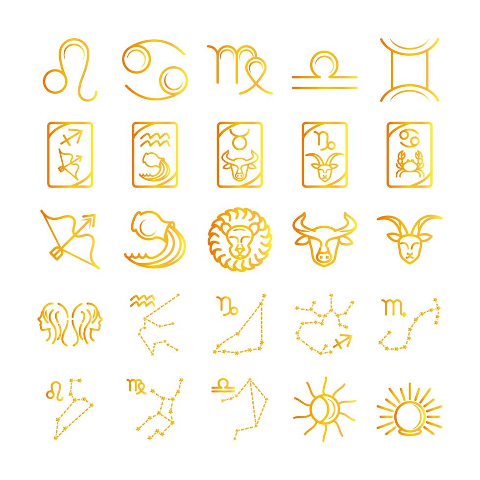 dierenriem astrologie horoscoop kalender sterrenbeeld Leeuw kanker Maagd Weegschaal Tweelingen pictogrammen collectie gradiënt stijl vector