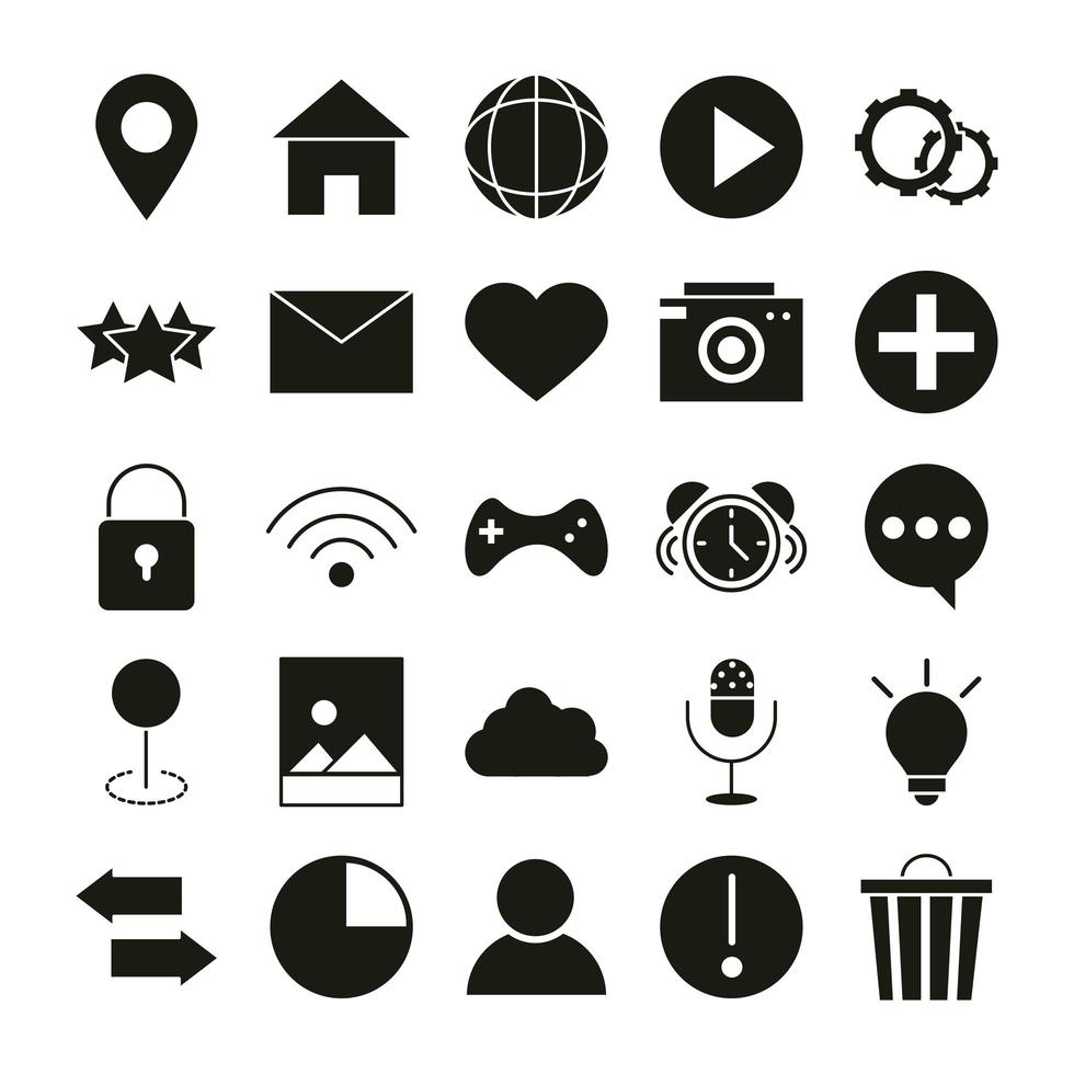 mobiele applicatie homepage camera foto avatar internet web knop menu digitaal silhouet stijl iconen set vector