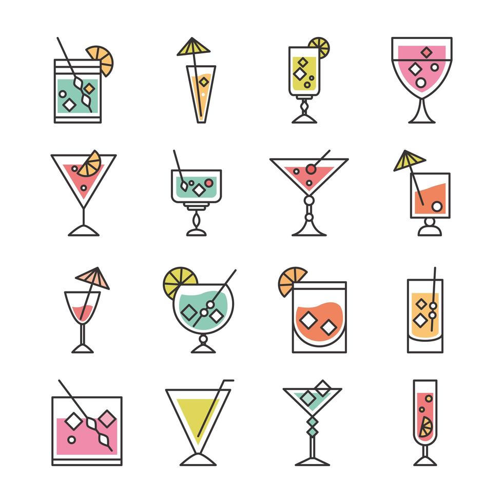 cocktail pictogram drinken sterke drank verfrissend alcohol glas kopjes viering evenement partij pictogrammen set vector