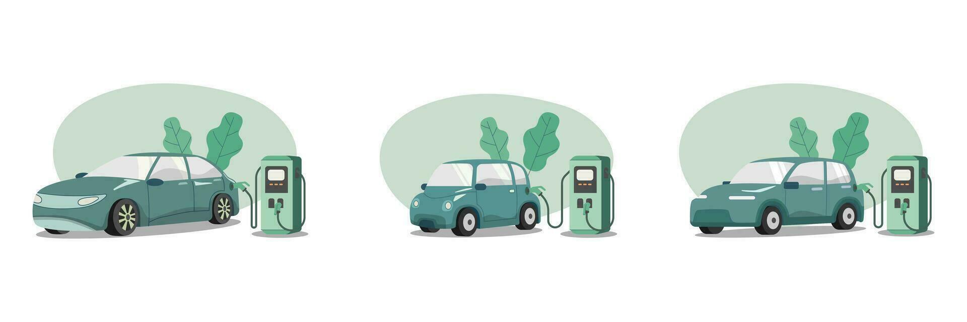 reeks van eco vriendelijk duurzaam, elektrisch auto opladen station, schoon groen energie van hernieuwbaar bronnen concept. vector ontwerp illustratie.