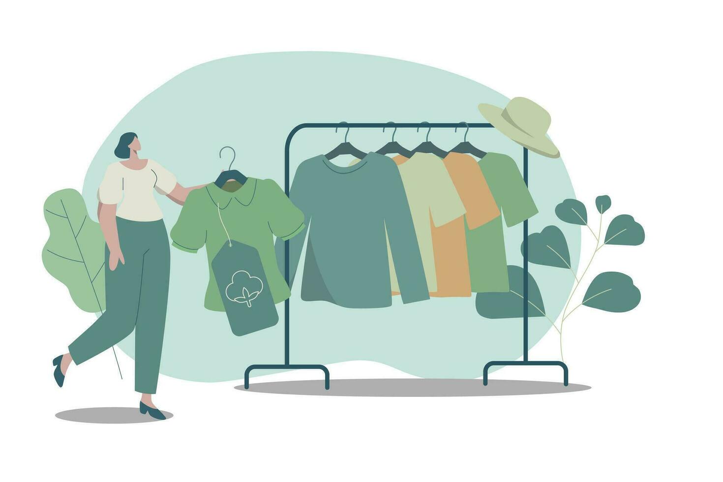 eco vriendelijk kleding duurzaam, vrouw buying recycling textiel, recycle en milieu zorg concept Aan mode. vector ontwerp illustratie.