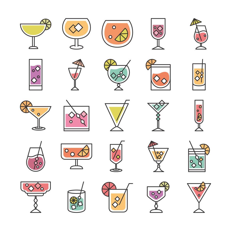 cocktail pictogram drinken sterke drank verfrissend alcohol glas kopjes bes vruchten ijsblokjes paraplu's pictogrammen set vector