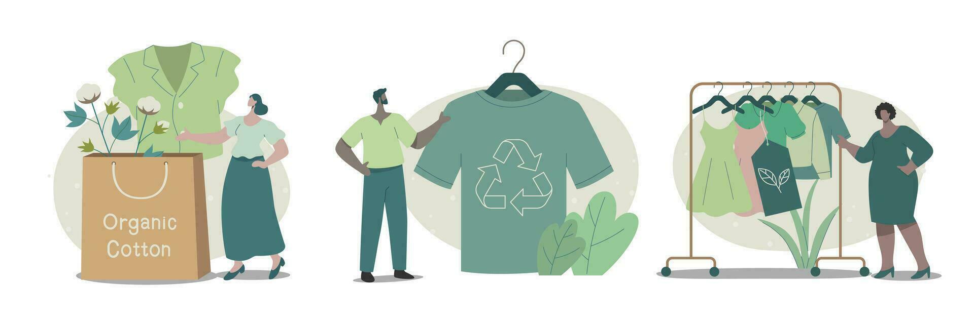 reeks van tekens buying recycling eco vriendelijk kleren en textiel duurzame mode. vector ontwerp illustratie.