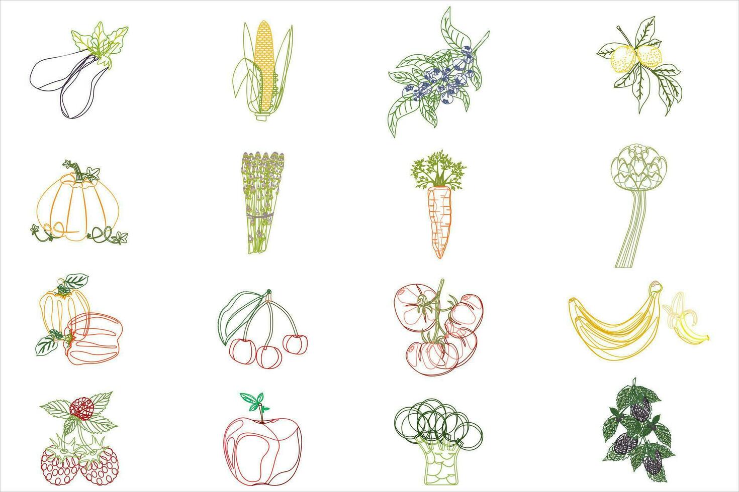 een reeks van contour groenten en vruchten. kleuren. vector