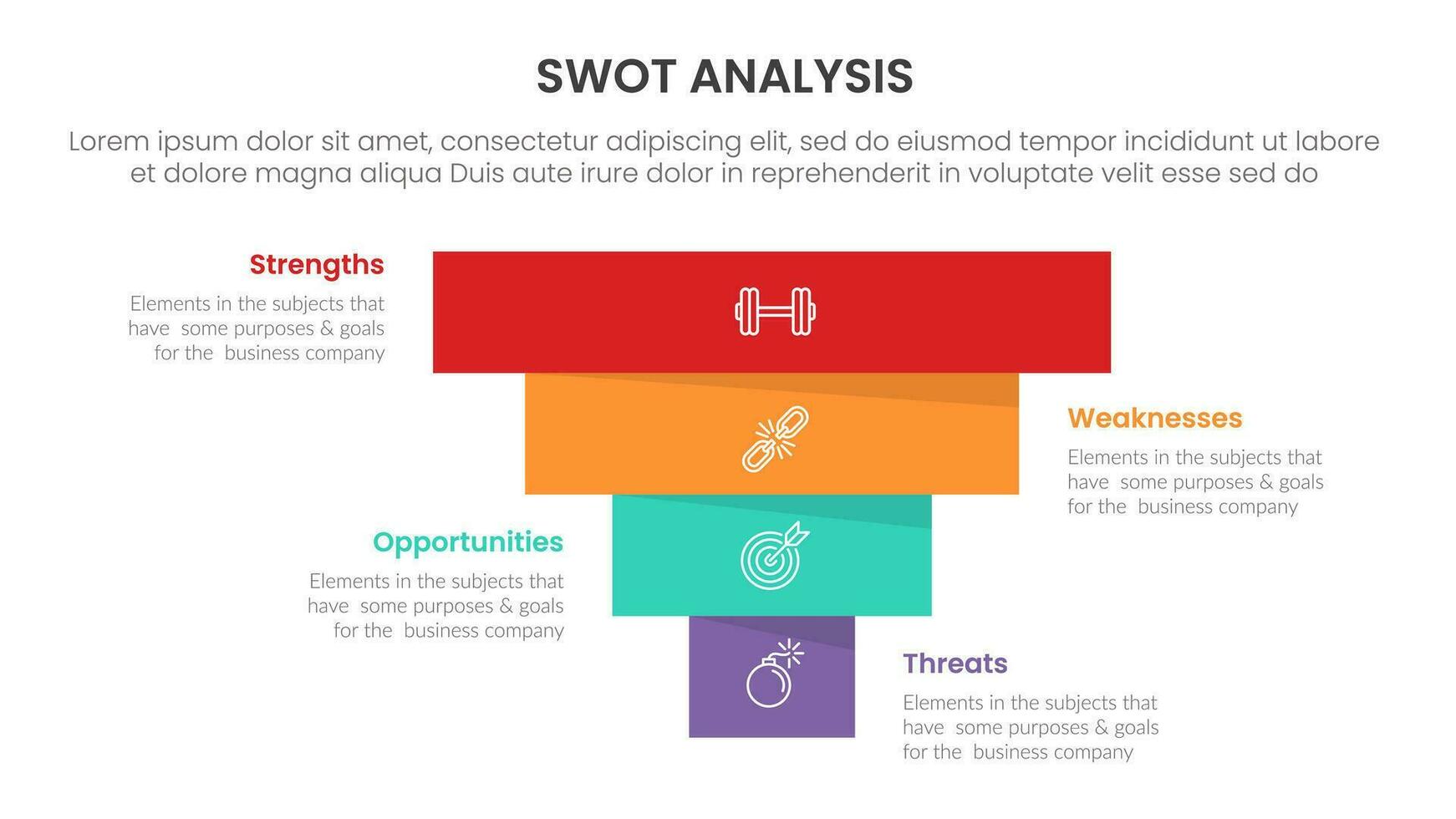 swot analyse concept met voor infographic sjabloon banier met omgekeerde piramide vorm vier punt lijst informatie vector