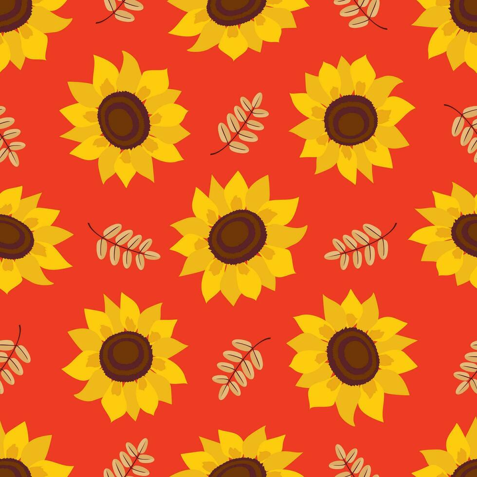 naadloos vector patroon met zonnebloem en herfst bladeren Aan een rood achtergrond.