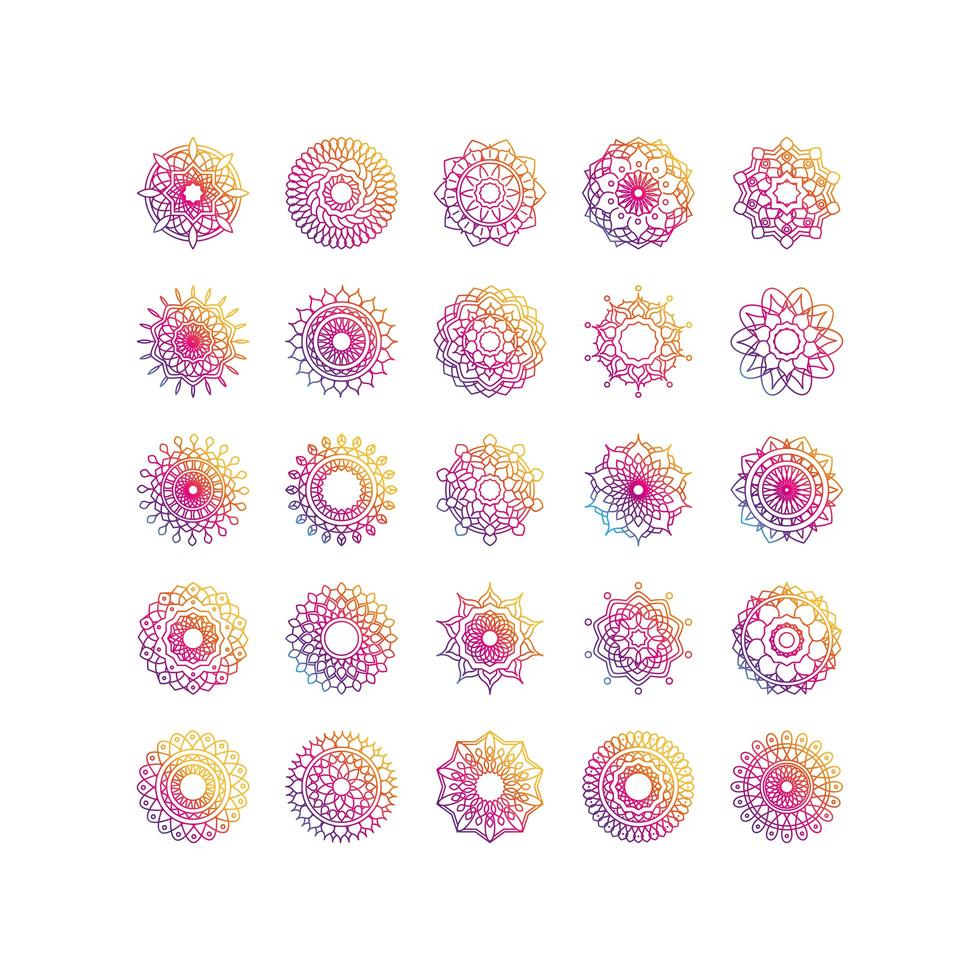 mandala decoratie ornament bloemmotief etnisch oosters gradiënt stijl icon set vector