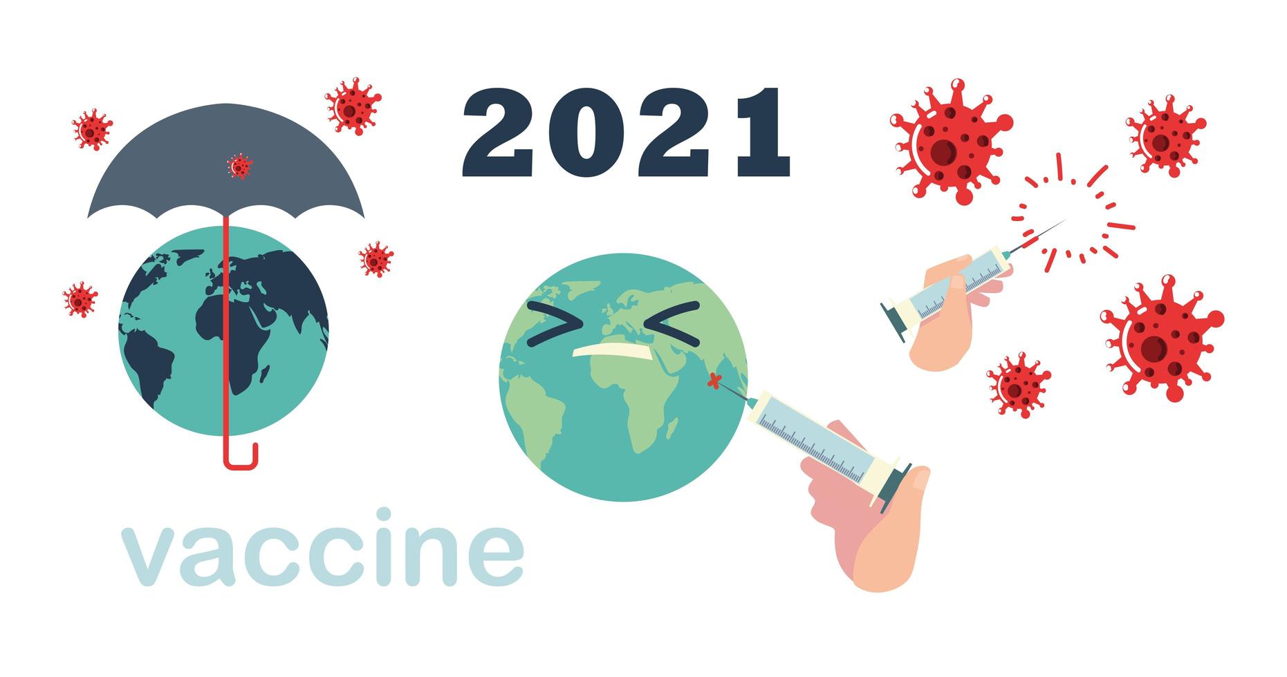 vaccin 2021 wereldcampagne bescherming covid 19 spuit en flacon vector