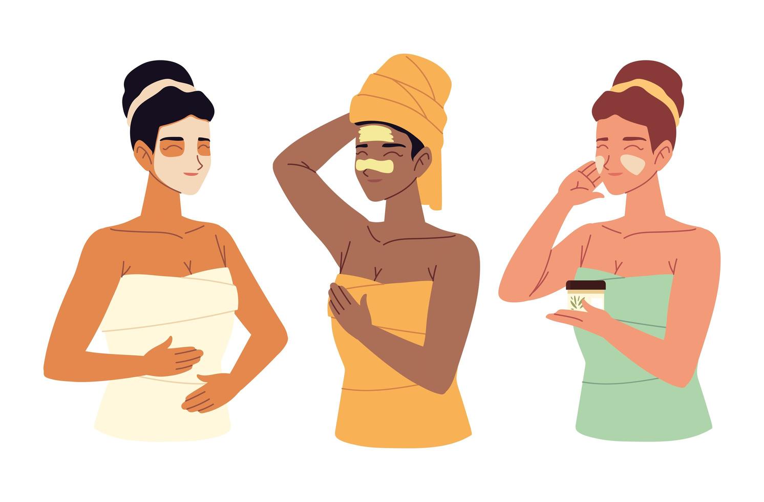 gelukkige vrouwen in handdoeken die gezichtscrème huidverzorging aanbrengen vector