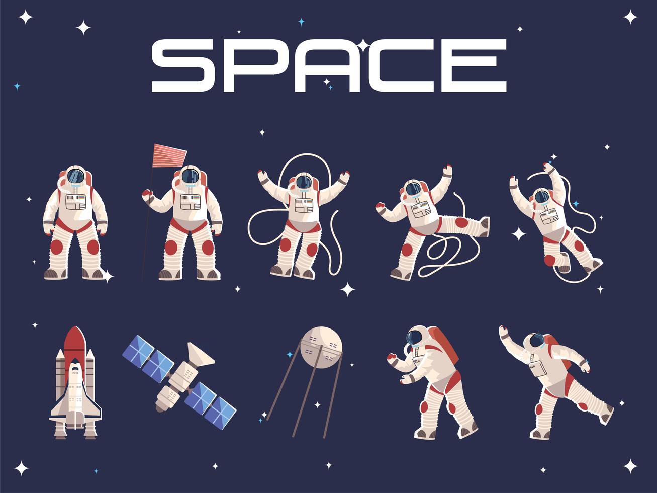 ruimte astronaut karakter in ruimtepak satelliet ruimteschip vector